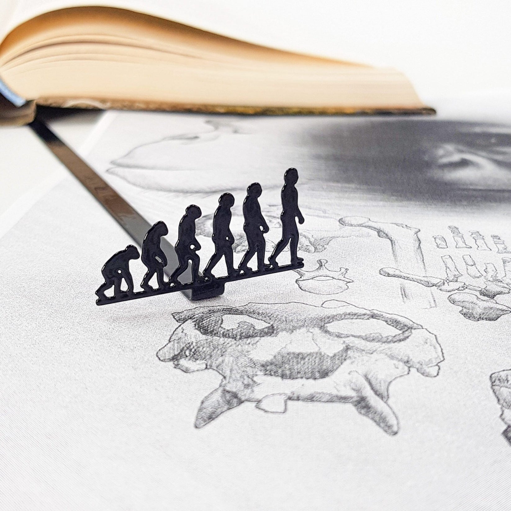 Evolution metal bookmark on an illustrated page