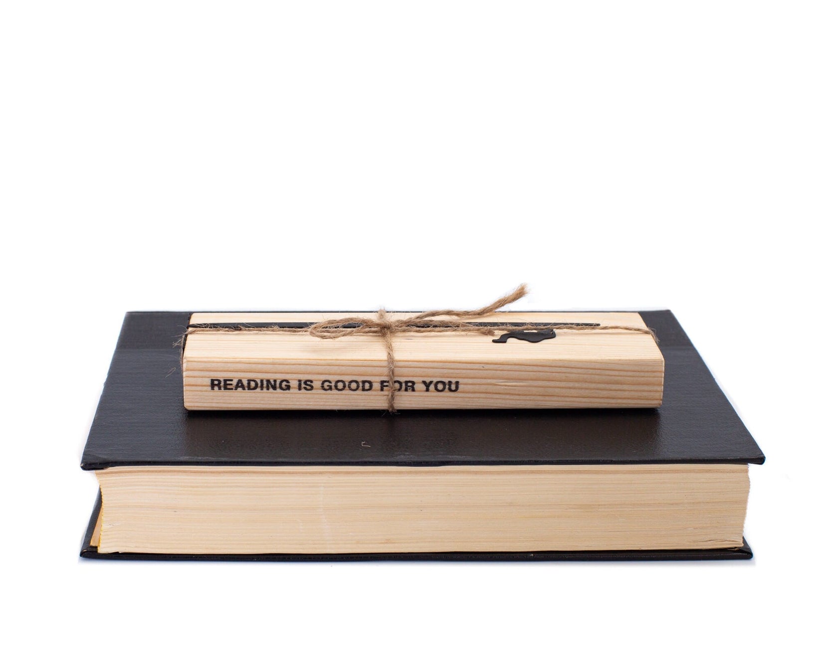 Eye of a Needle metal bookmark with the engraved wooden gift block it ships with