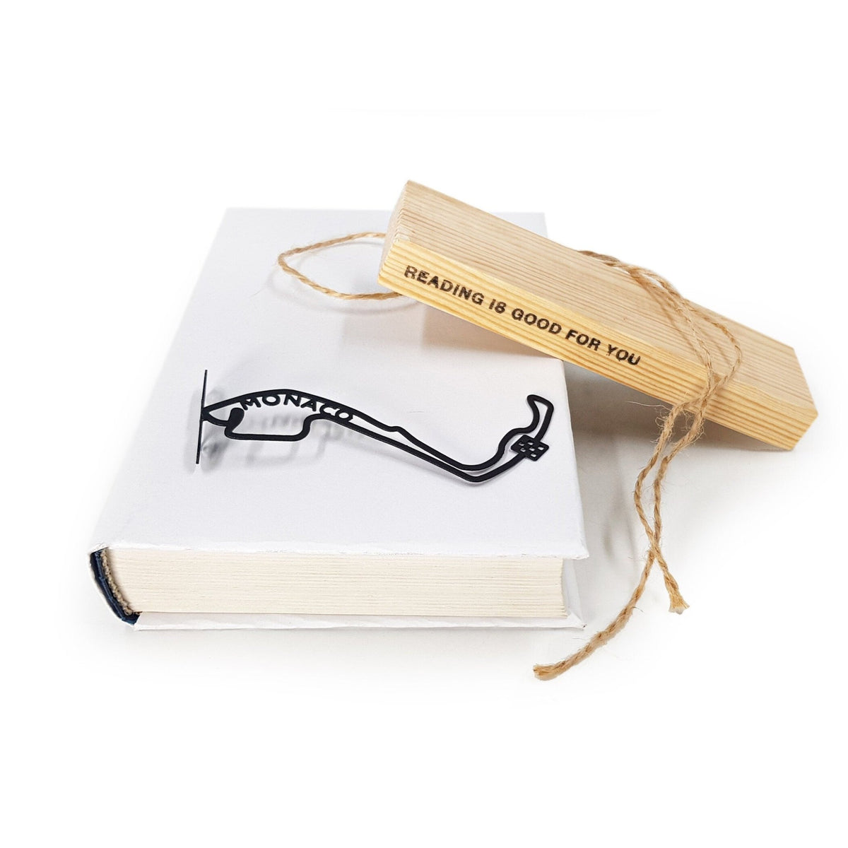 F1 Monaco Race Car metal bookmark with the engraved wooden gift block it ships with