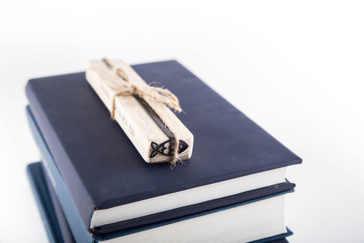 Fish metal bookmark with the engraved wooden gift block it ships with