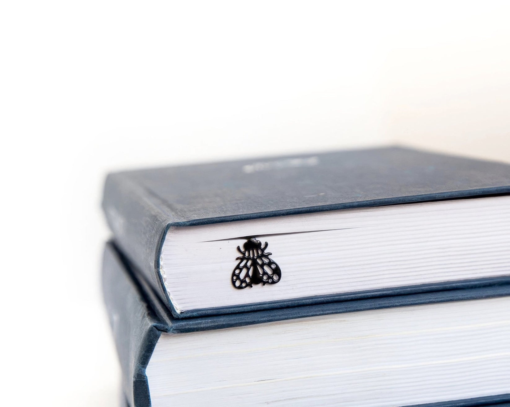 Fly metal bookmark seen from the edge of a closed book