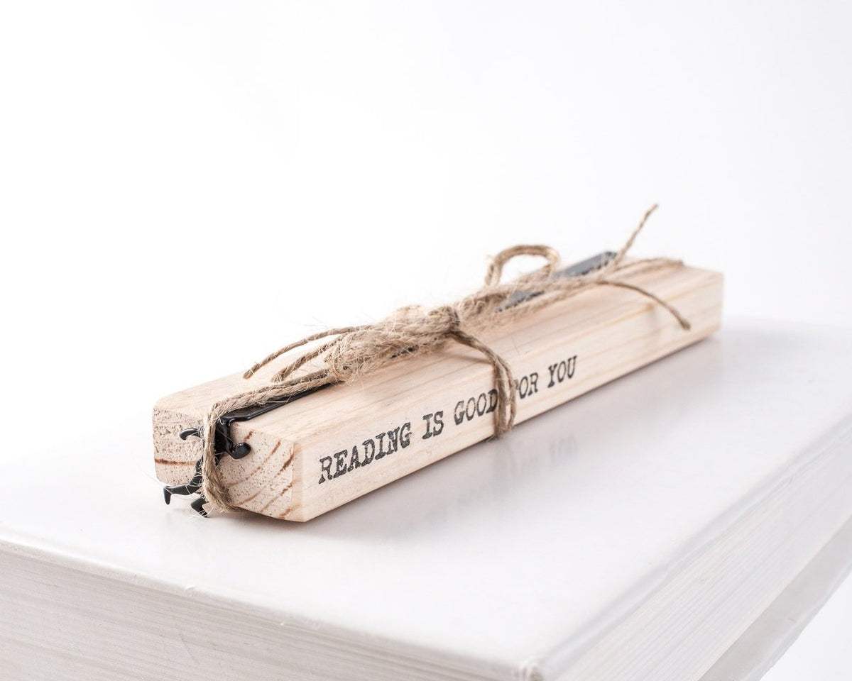 Football Player metal bookmark with the engraved wooden gift block it ships with