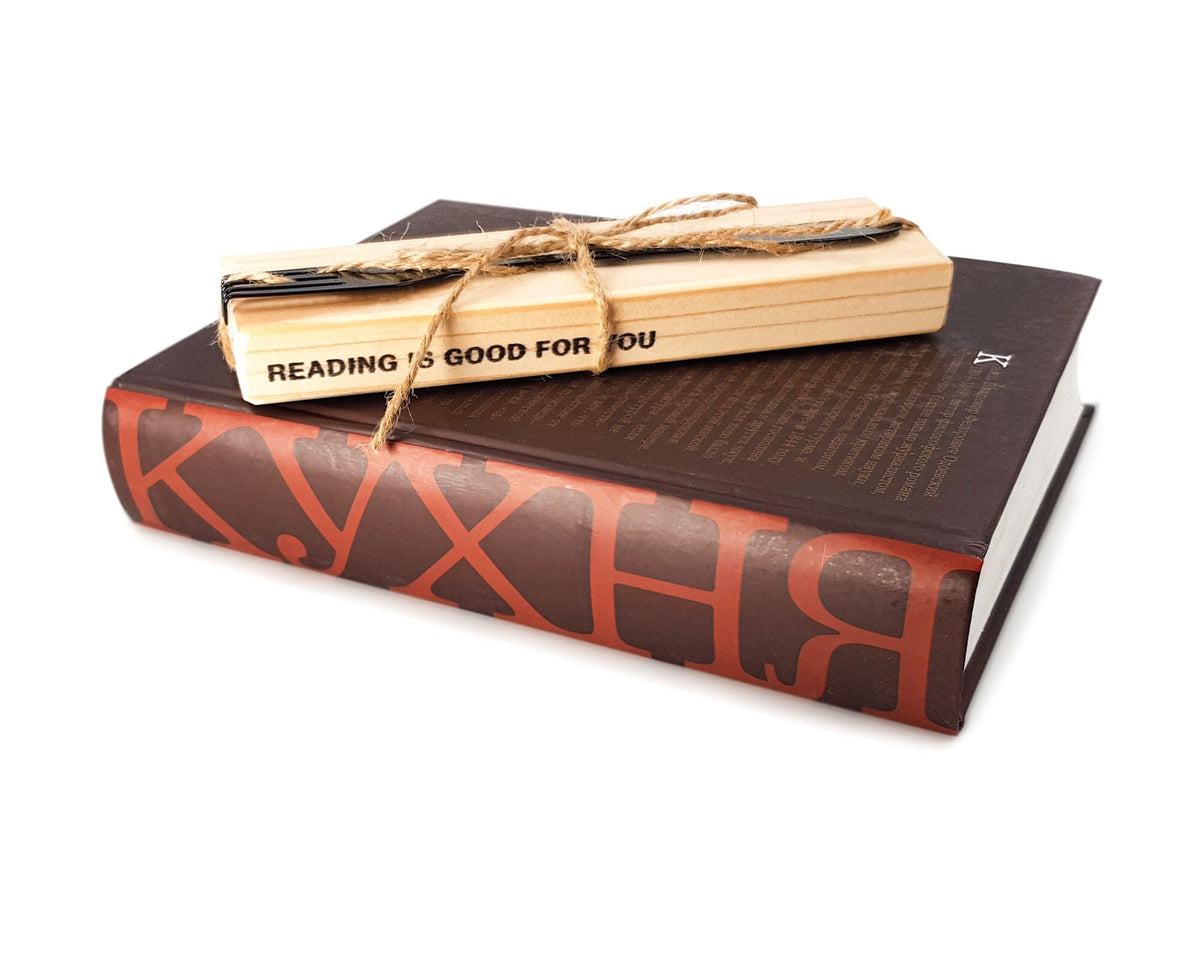 Fork metal bookmark with the engraved wooden gift block it ships with