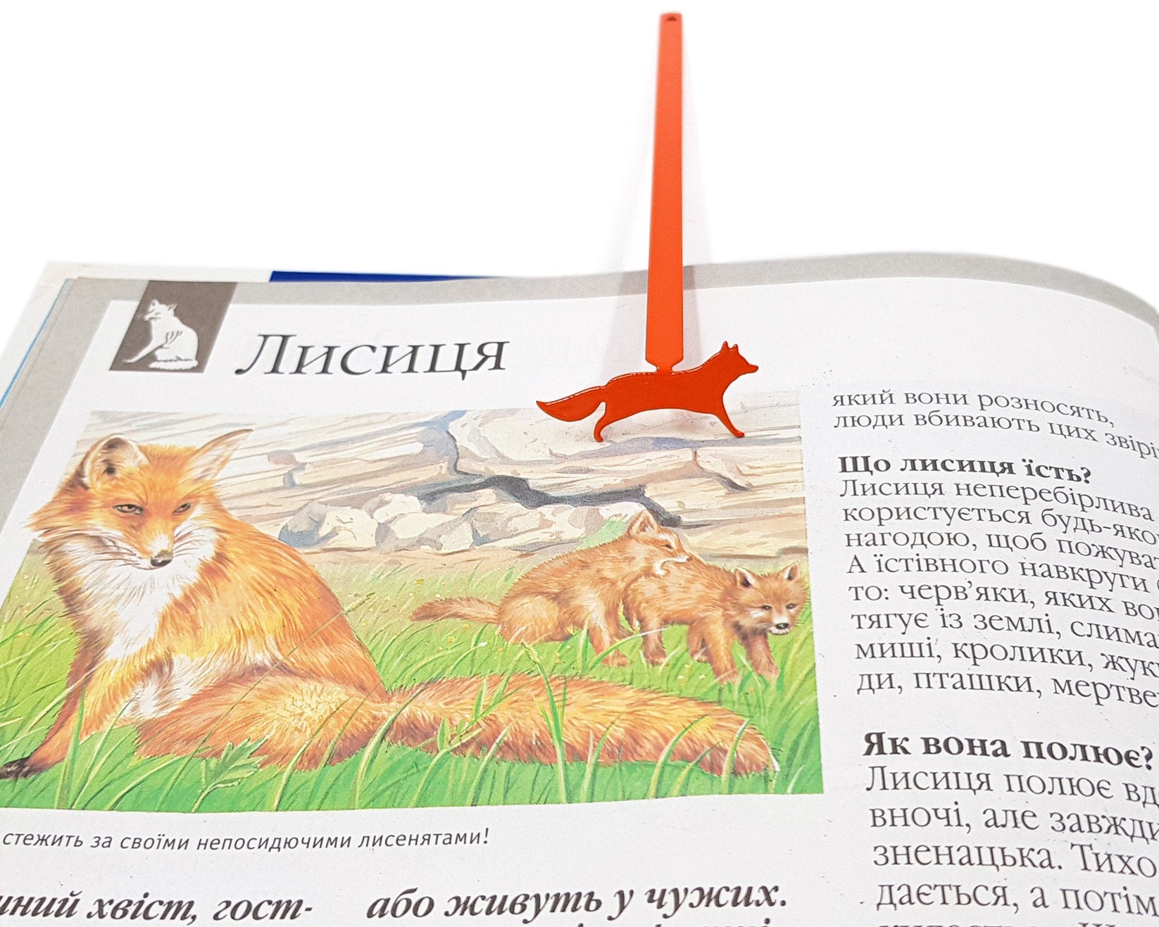 Fox on the Run metal bookmark marking a page in an illustrated book