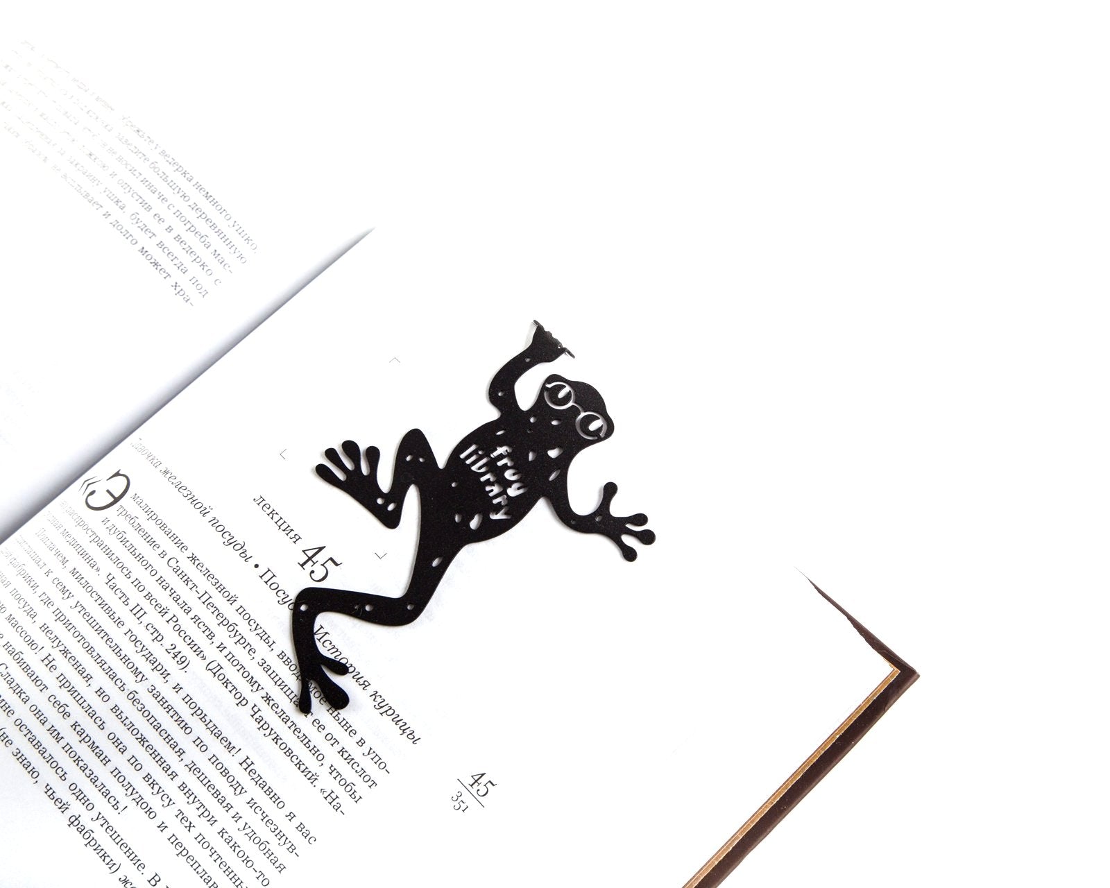 Frog Library metal bookmark resting on the pages of an open book