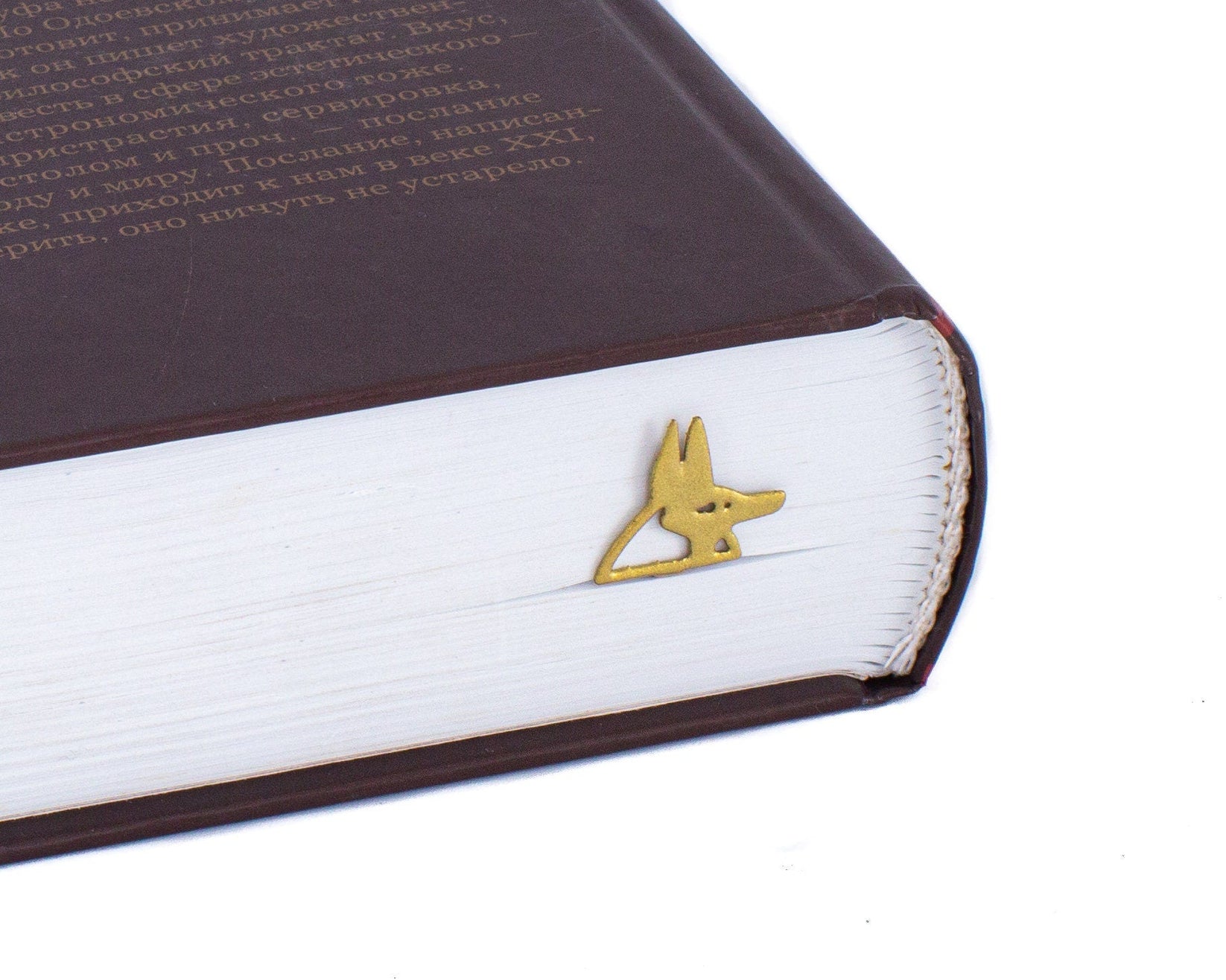 God of Death Anubis metal bookmark in gold in a closed book, only its top showing above the pages