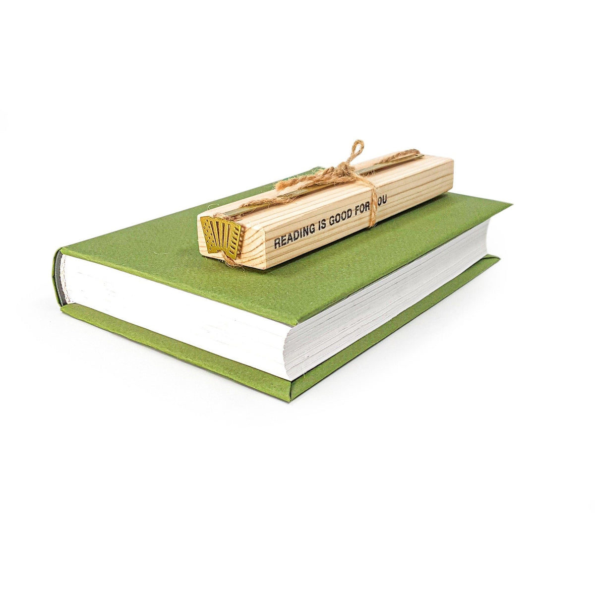 Golden Accordion metal bookmark with the engraved wooden gift block it ships with