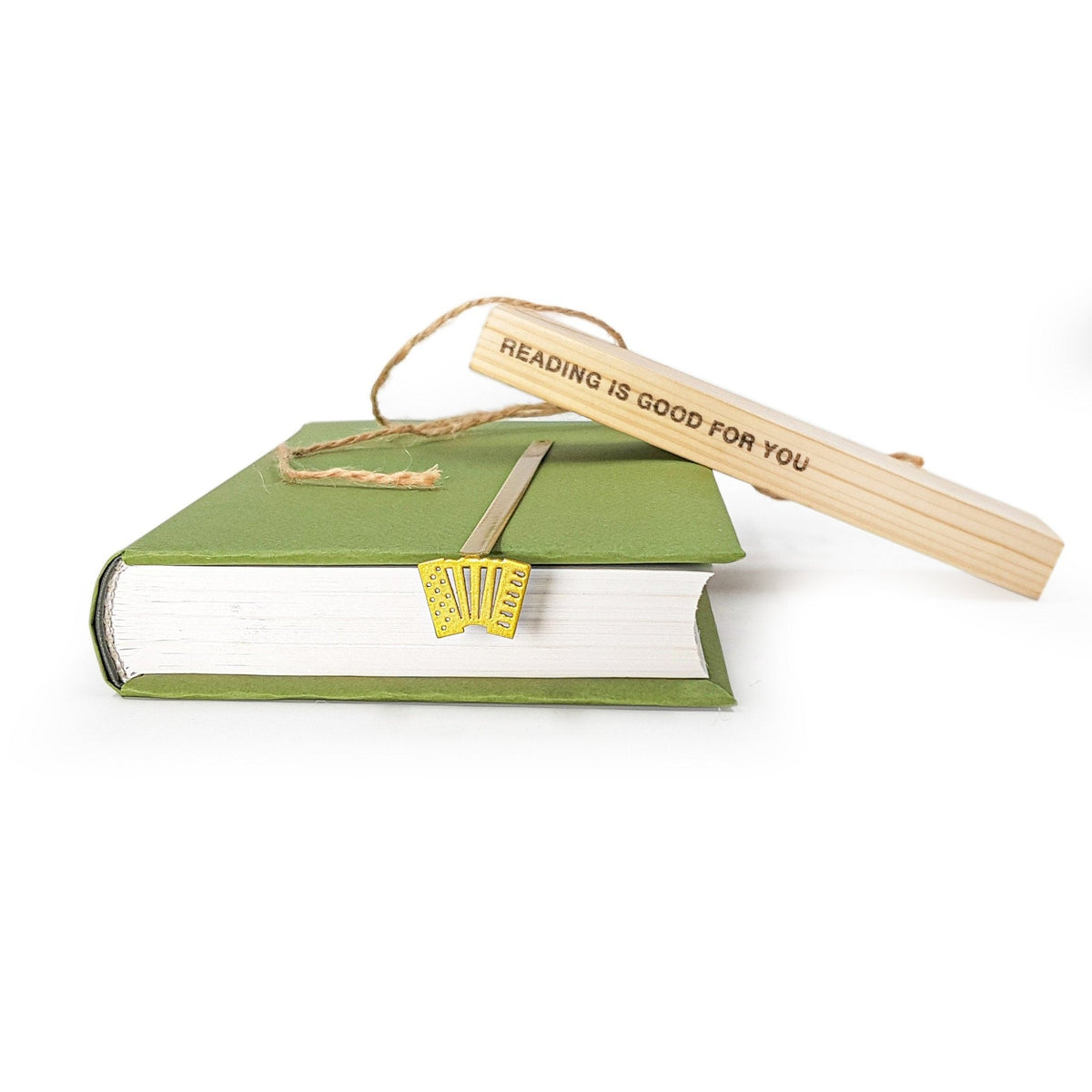 Golden Accordion metal bookmark packed with kraft paper and twine as a gift