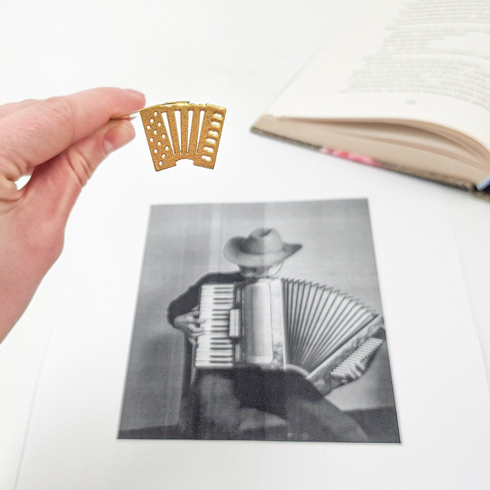 Golden Accordion metal bookmark marking a page in an illustrated book
