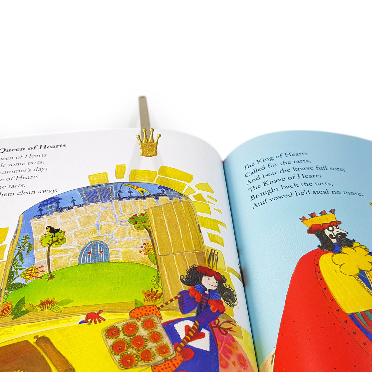 Golden Crown metal bookmark marking a page in an illustrated book, view 4
