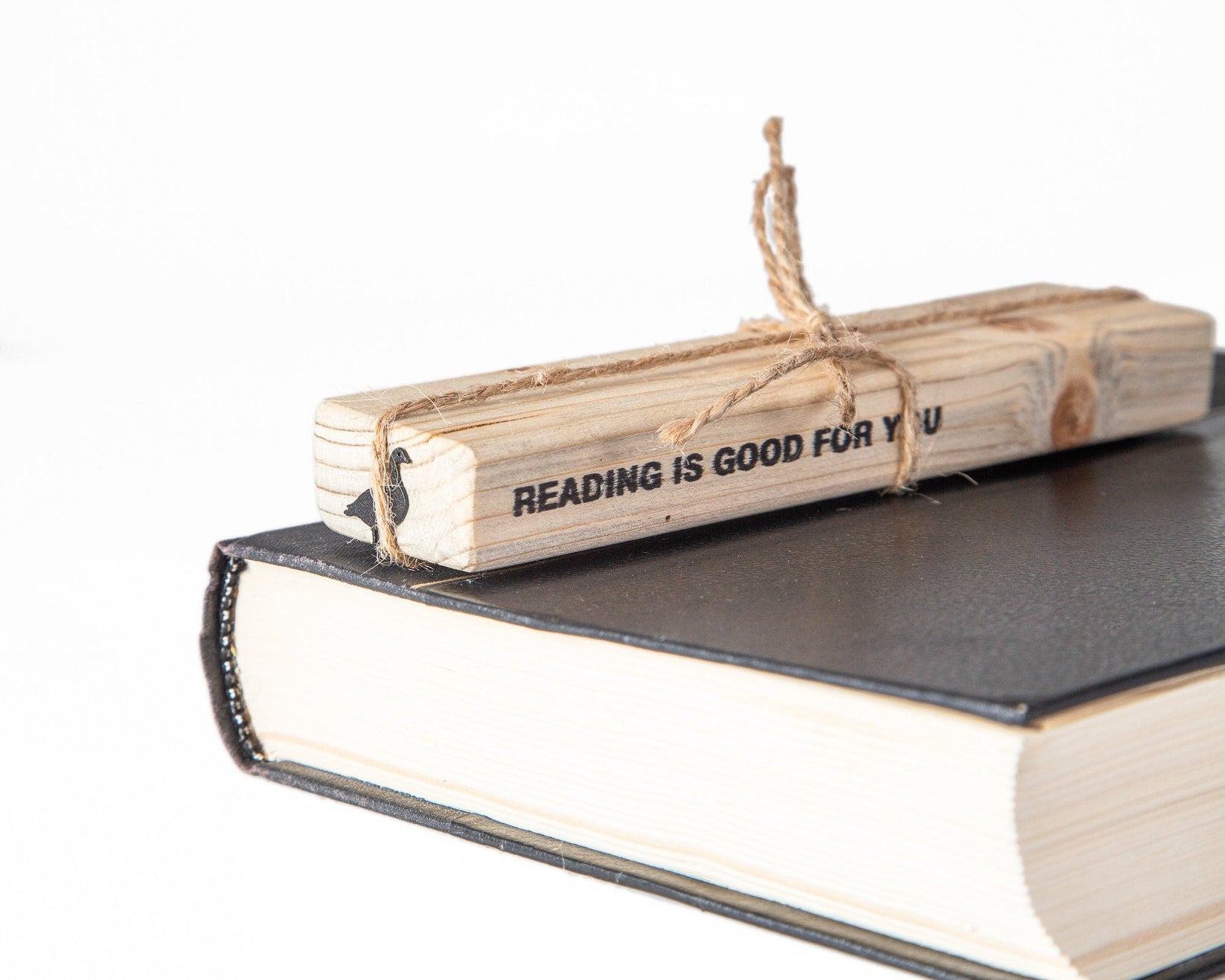 Goose metal bookmark with the engraved wooden gift block it ships with