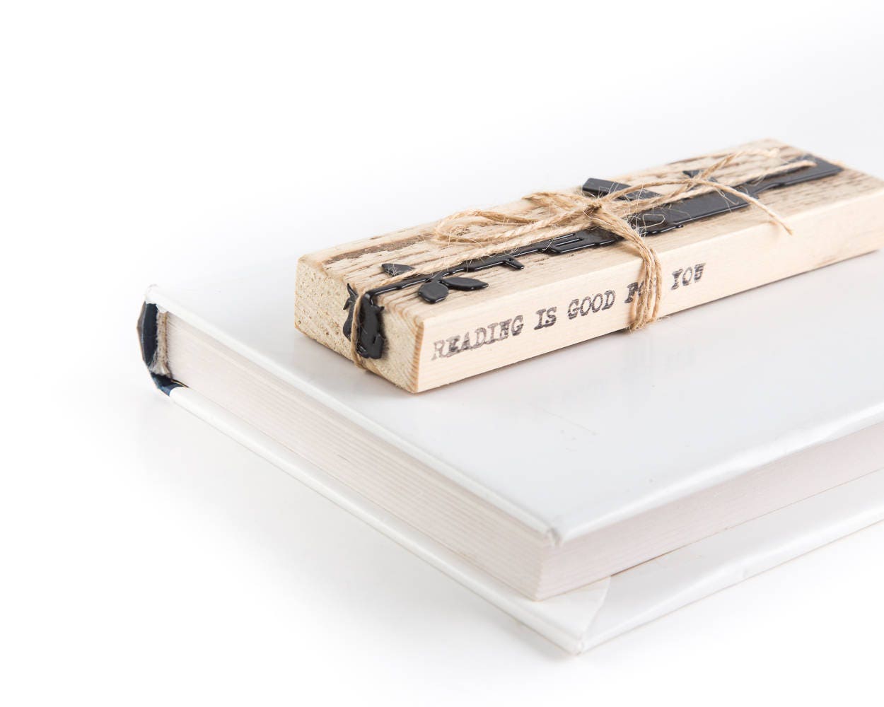 Gun with a Flower metal bookmark with the engraved wooden gift block it ships with