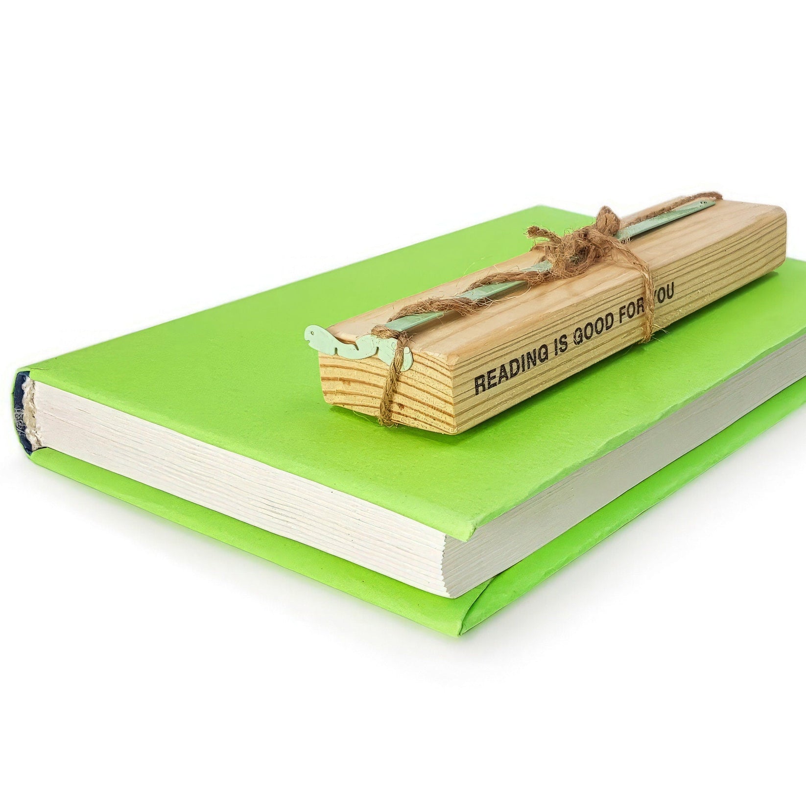 Happy metal bookmark with the engraved wooden gift block it ships with