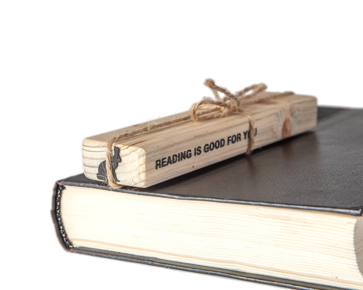 Hare metal bookmark with the engraved wooden gift block it ships with