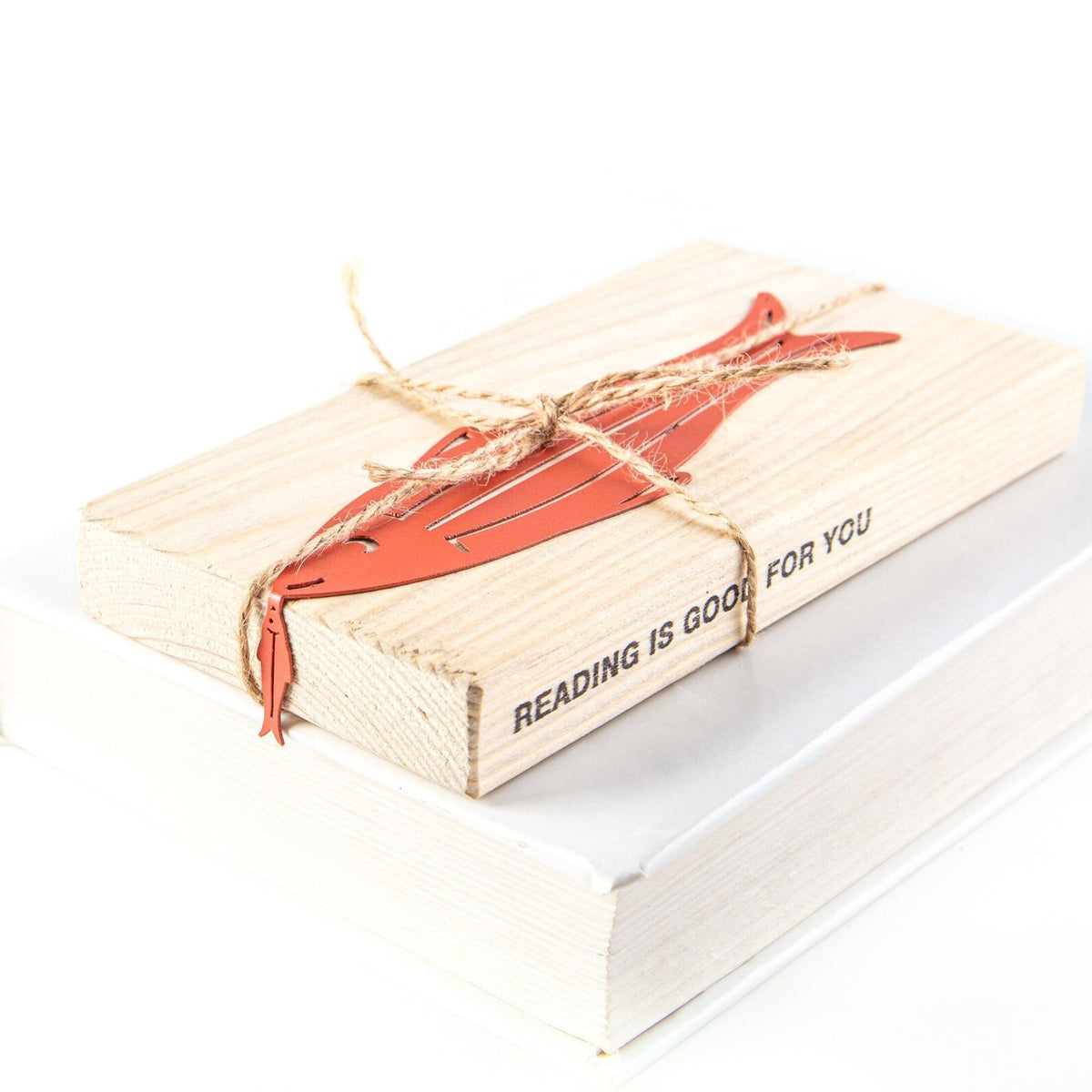 Herring metal bookmark with the engraved wooden gift block it ships with