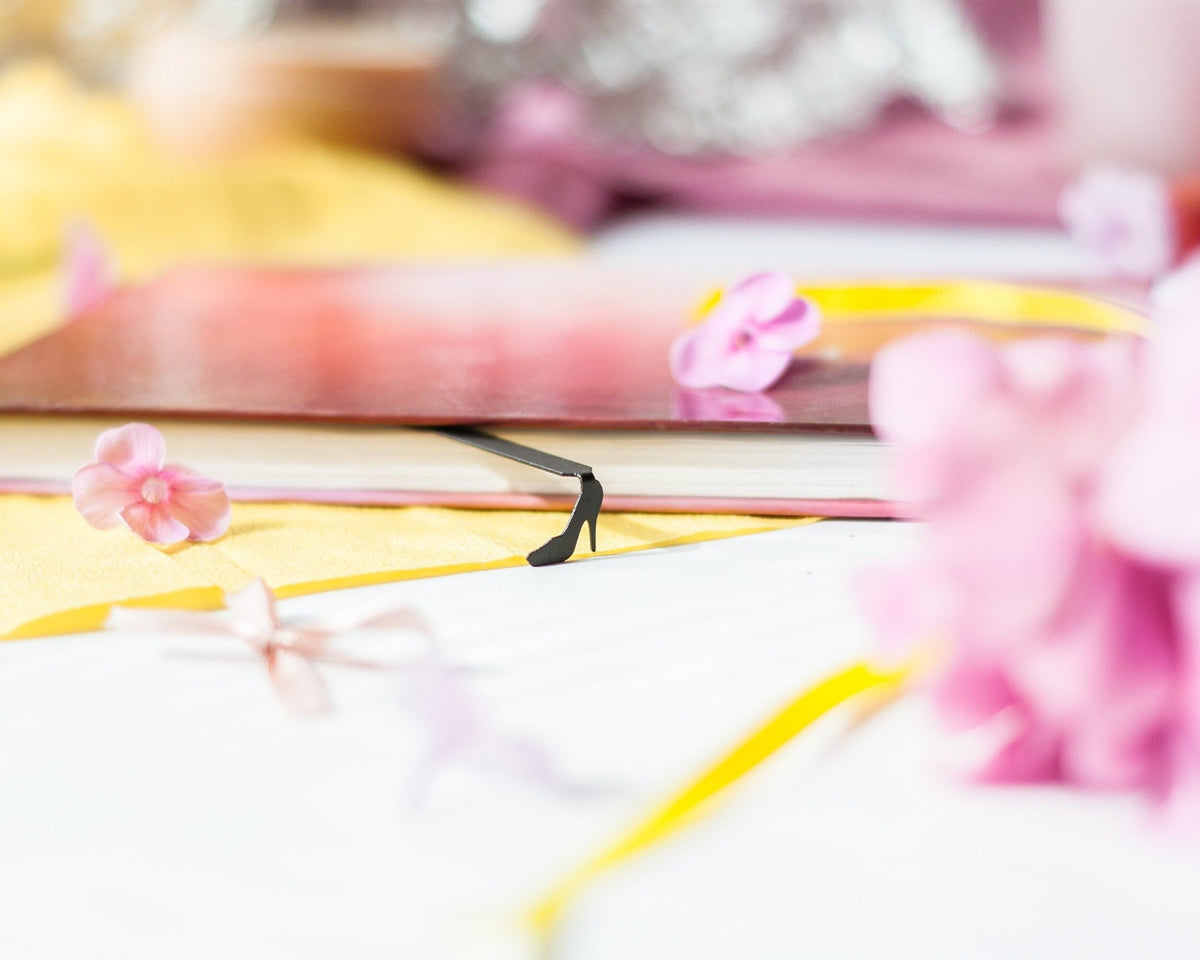 High Heel Shoe metal bookmark against a coloured backdrop