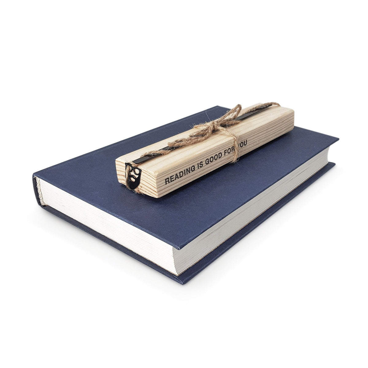 Hipster metal bookmark with the engraved wooden gift block it ships with