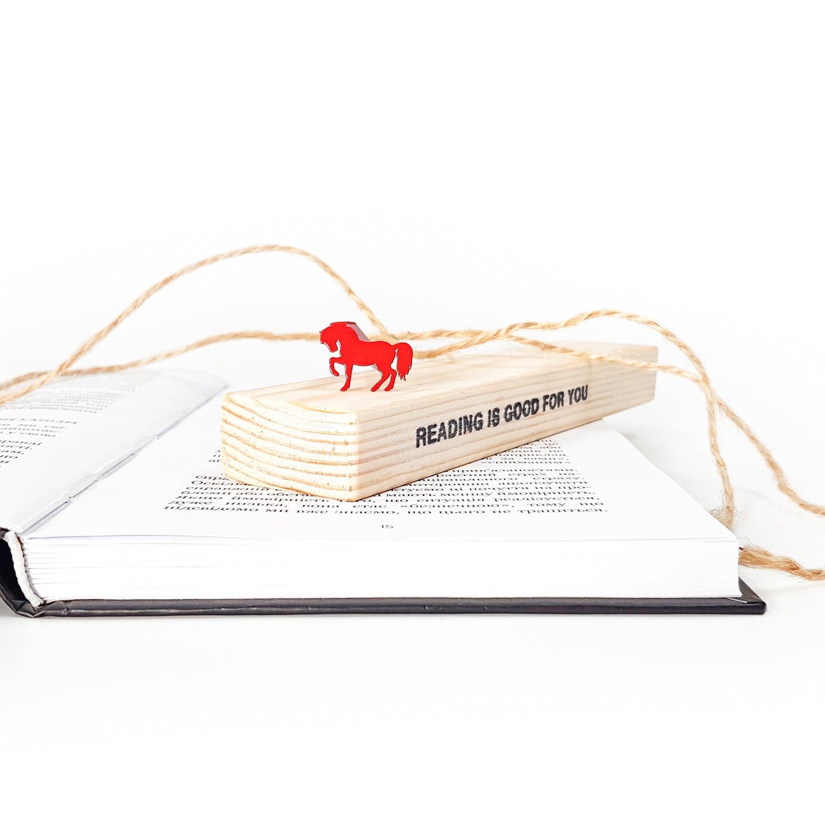 Horse metal bookmark shown with its wooden gift block