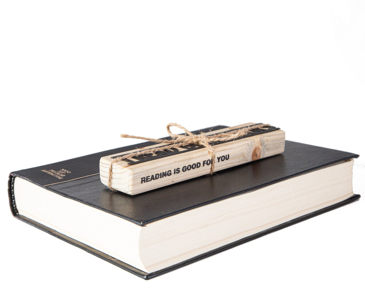 I Read Good Books metal bookmark with the engraved wooden gift block it ships with