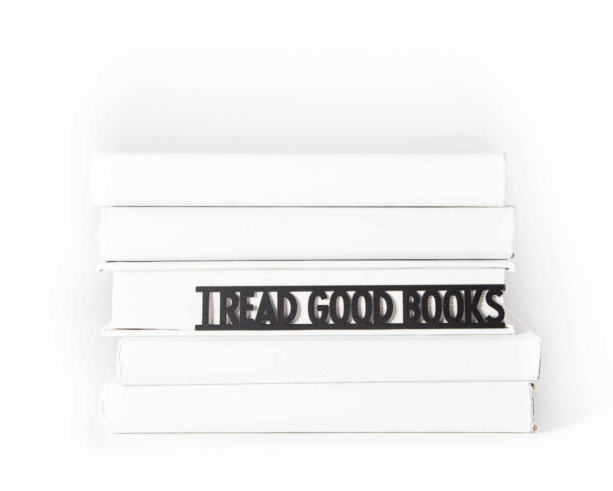 I Read Good Books metal bookmark shown with a stack of books