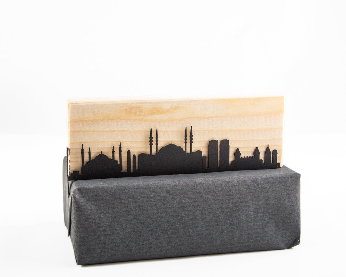 Istanbul metal bookmark with the engraved wooden gift block it ships with