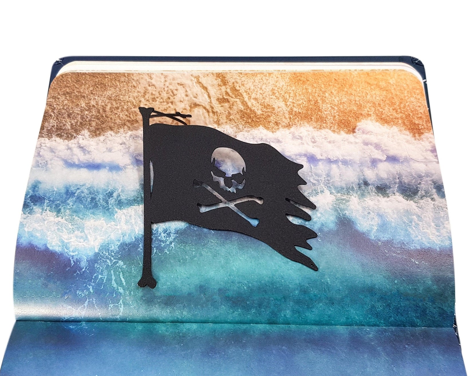 Jolly Rogers metal bookmark marking a page in an illustrated book, view 4