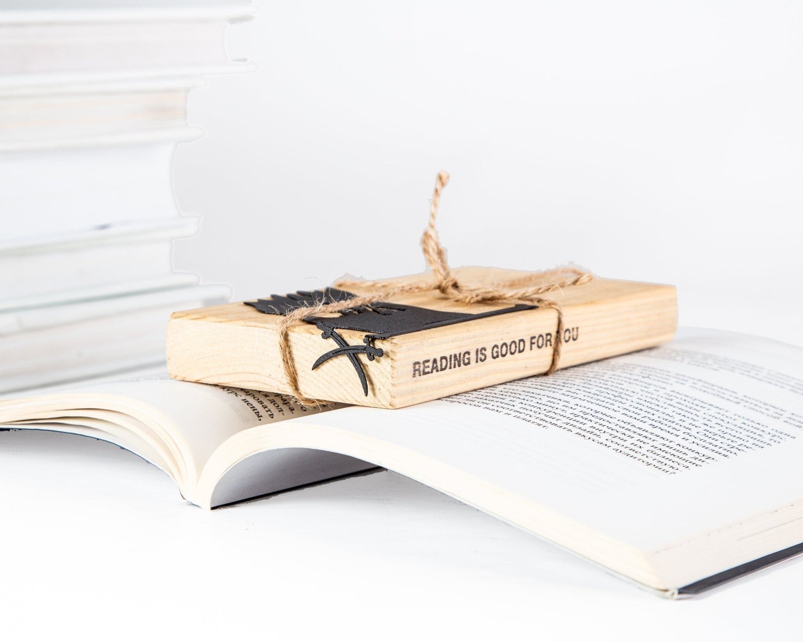 Jolly Rogers metal bookmark with the engraved wooden gift block it ships with