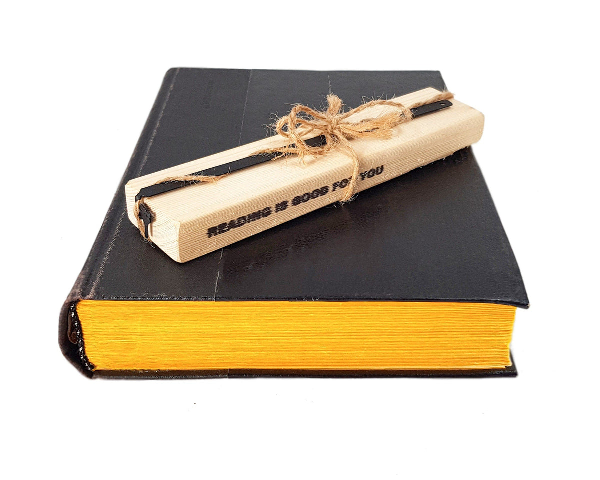 Kitty Grace metal bookmark with the engraved wooden gift block it ships with