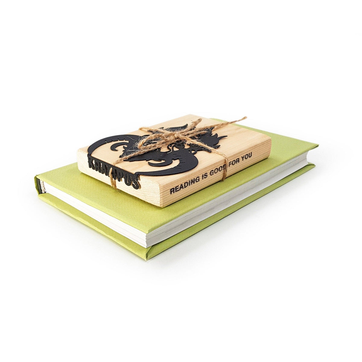 Krampus metal bookmark with the engraved wooden gift block it ships with