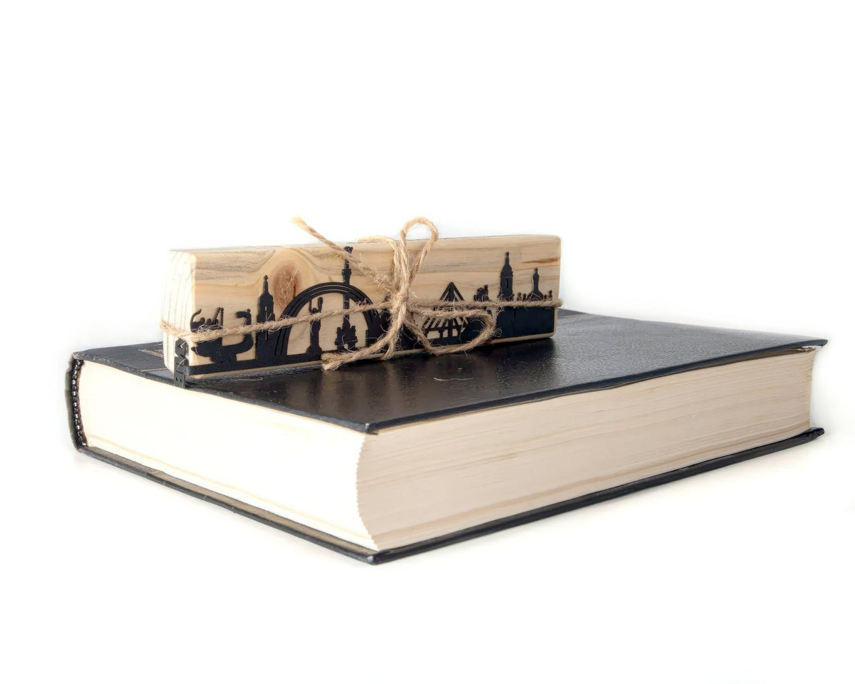 Kyiv Cityscape metal bookmark with the engraved wooden gift block it ships with