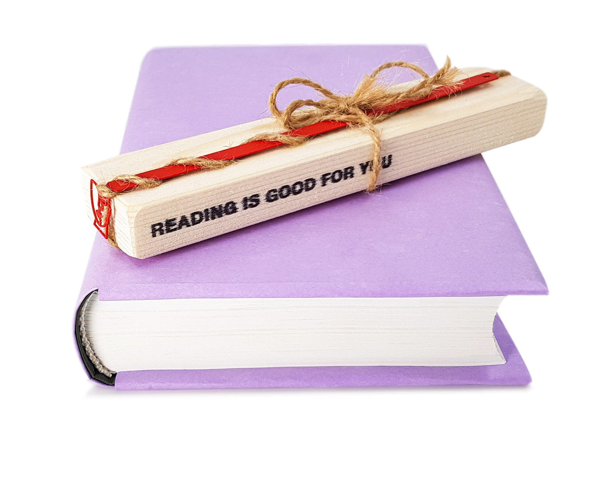 Lady in Red metal bookmark in red with the engraved wooden gift block it ships with