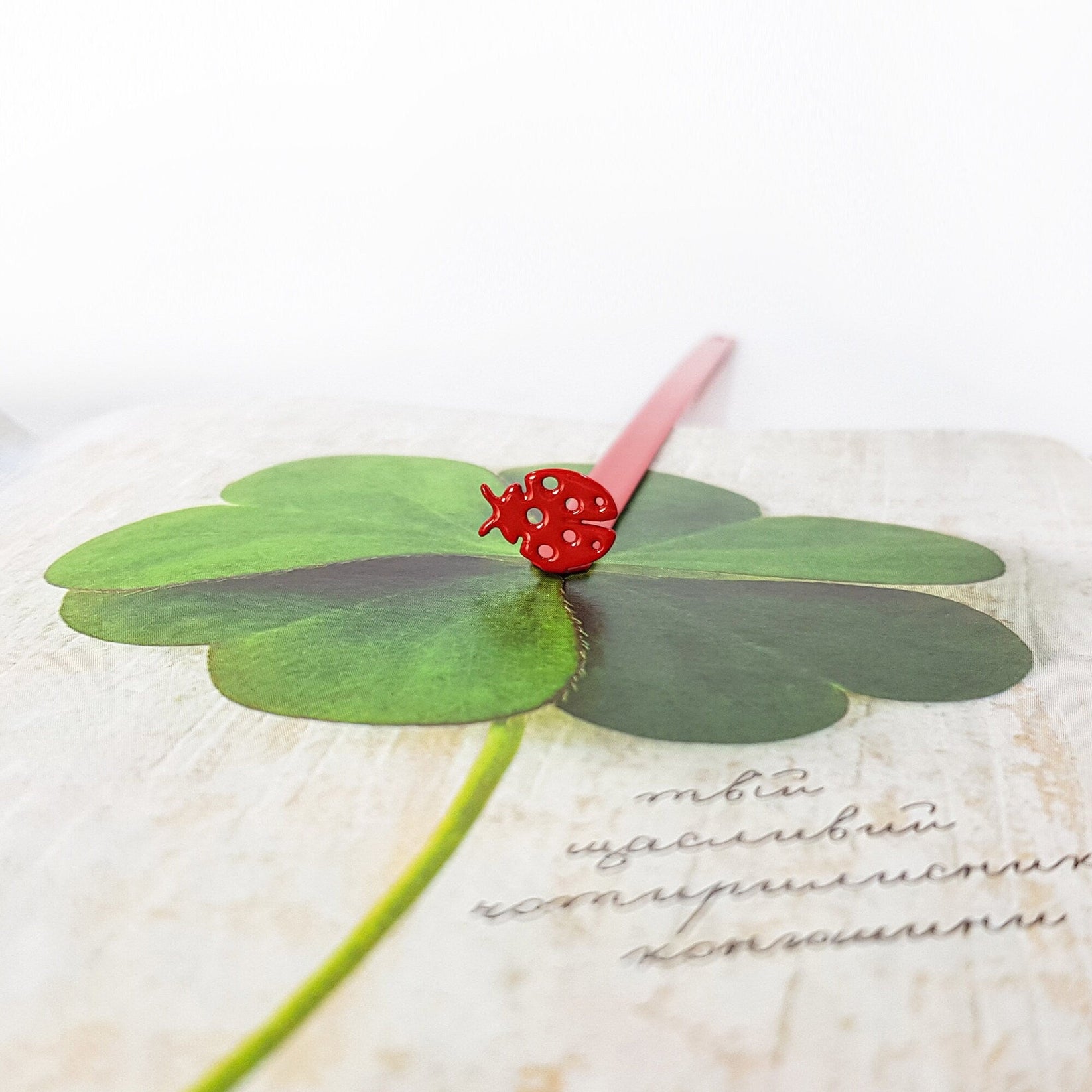 Ladybird metal bookmark in red on a coloured background