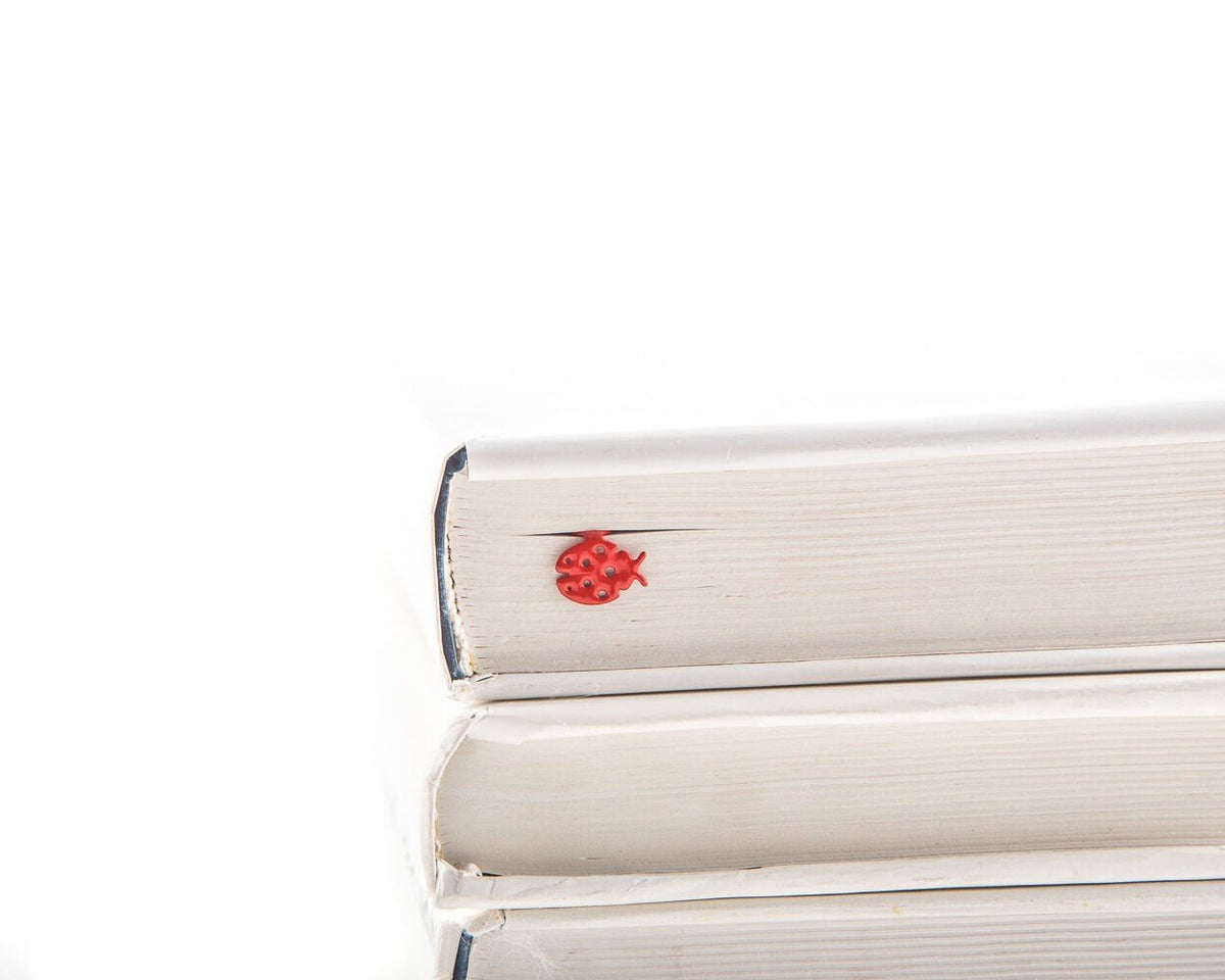 Ladybird metal bookmark in red shown with a stack of books