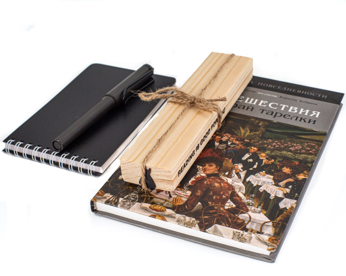 Little Black Dress metal bookmark with the engraved wooden gift block it ships with