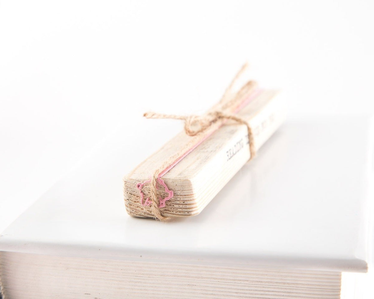 Little Piggy metal bookmark with the engraved wooden gift block it ships with