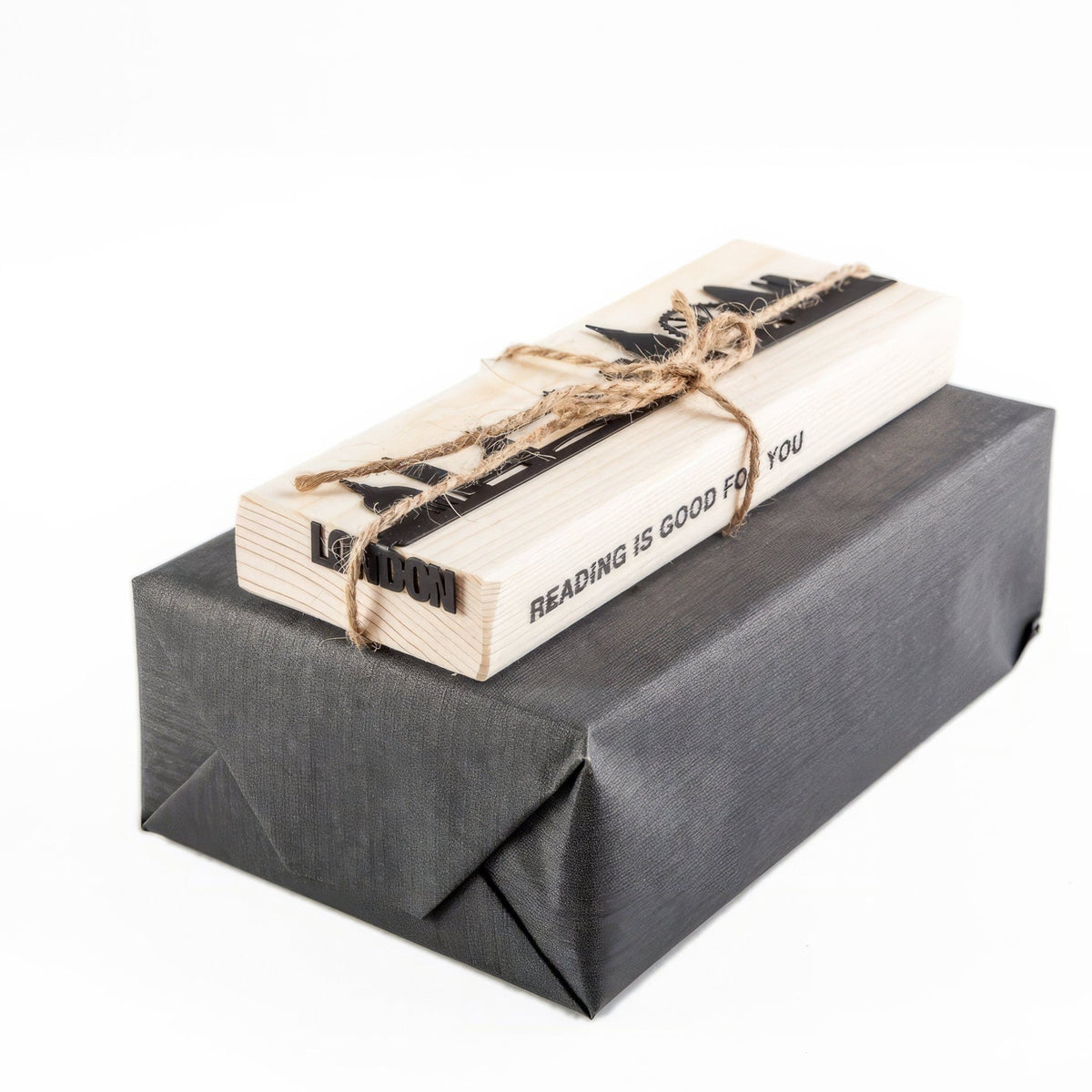 London metal bookmark with the engraved wooden gift block it ships with
