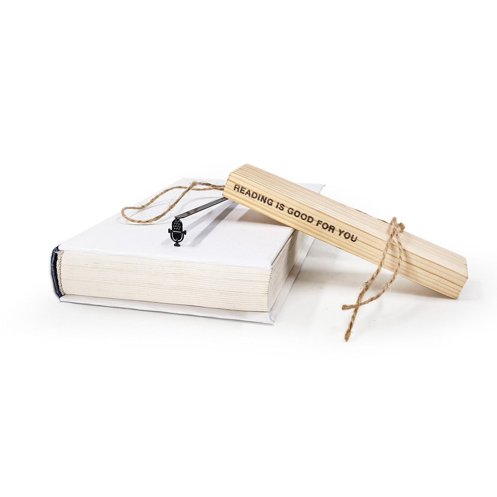 Microphone metal bookmark with the engraved wooden gift block it ships with