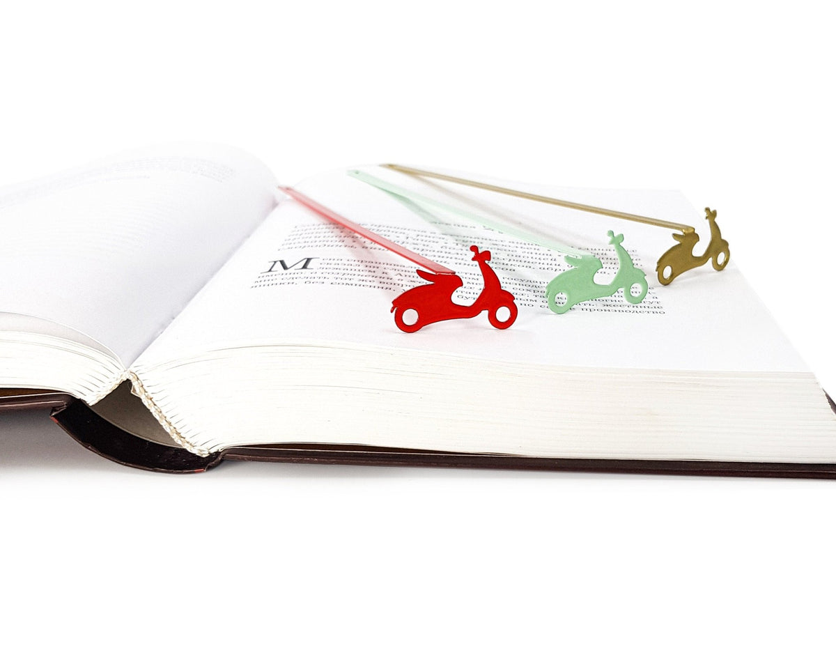 Motor Scooter metal bookmark shown together with other bookmarks from the range