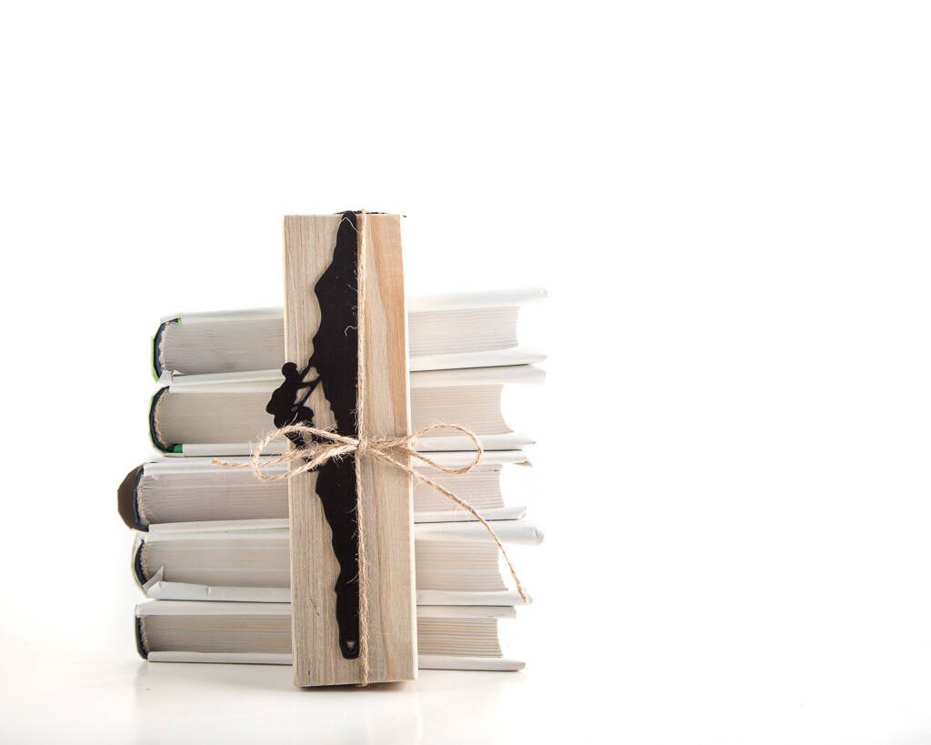 Mountain Climber metal bookmark with the engraved wooden gift block it ships with