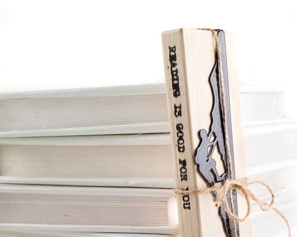 Mountain Climber metal bookmark shown with its wooden gift block