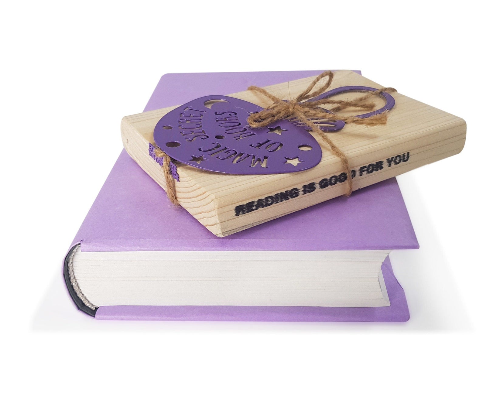 Mushroom metal bookmark with the engraved wooden gift block it ships with