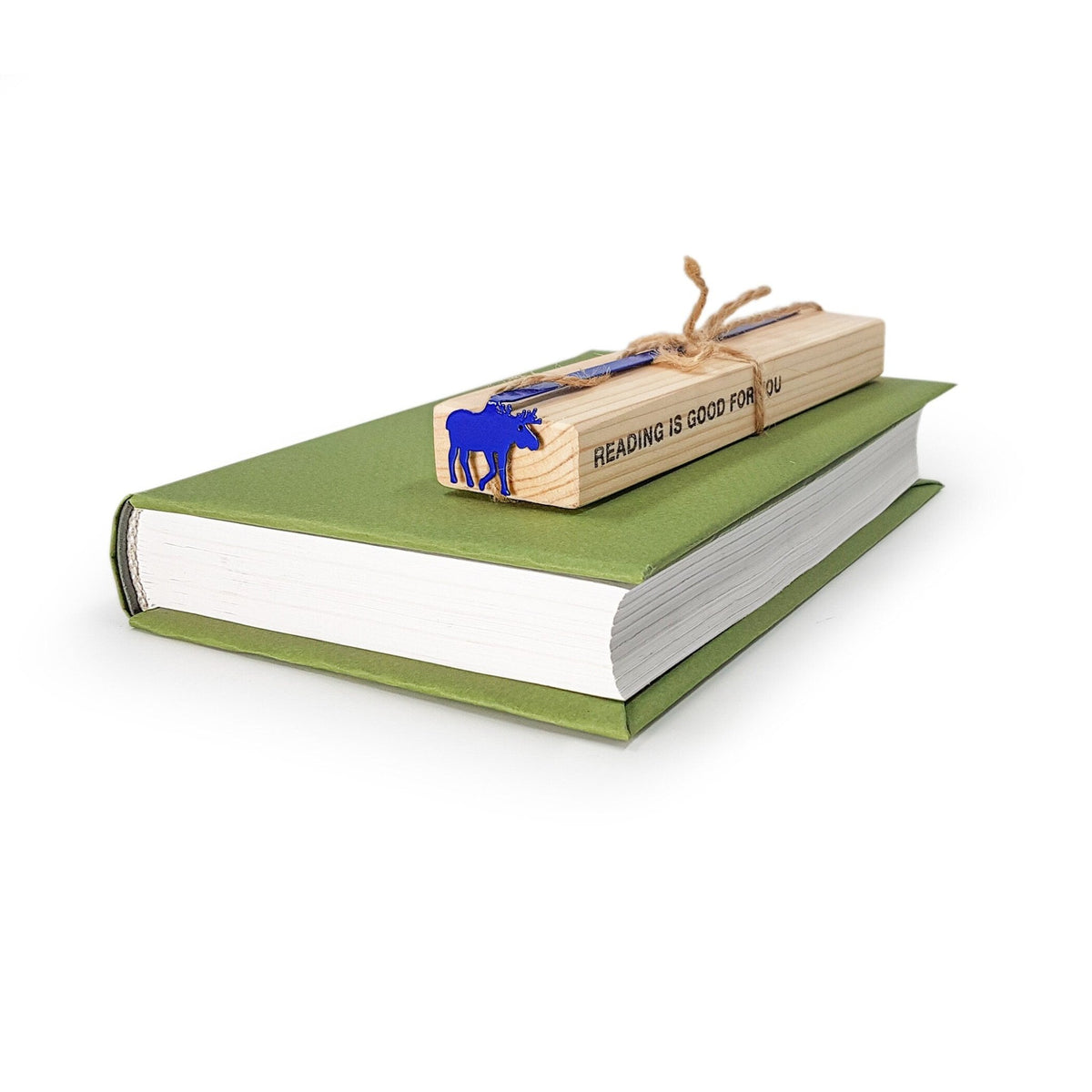 Norwegian Moose metal bookmark in blue with the engraved wooden gift block it ships with