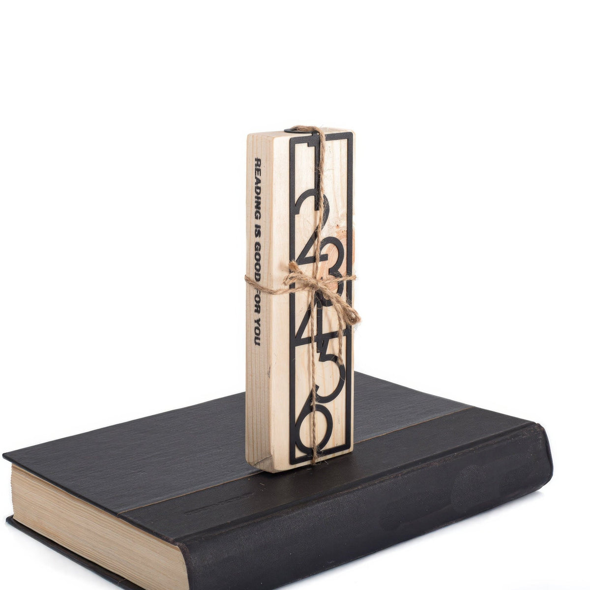 Numbers Bauhaus Style metal bookmark with the engraved wooden gift block it ships with