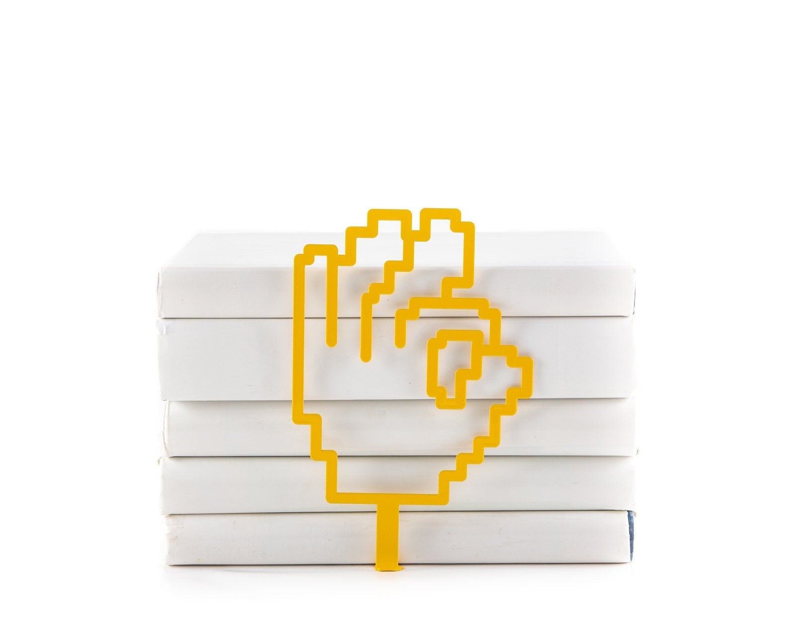 OK Sign Pixel Style metal bookmark in gold shown with a stack of books