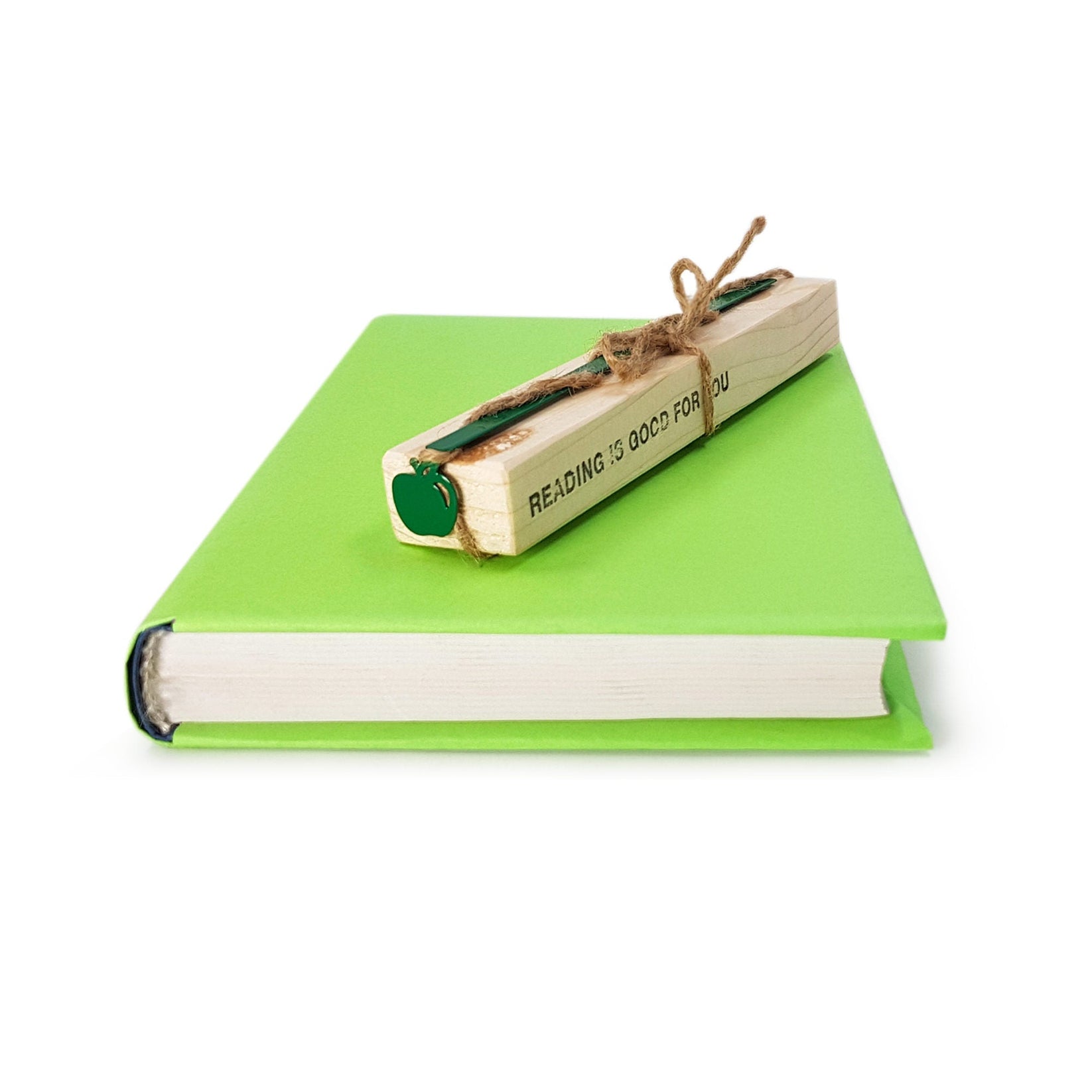 Paradise Apple' metal bookmark with the engraved wooden gift block it ships with