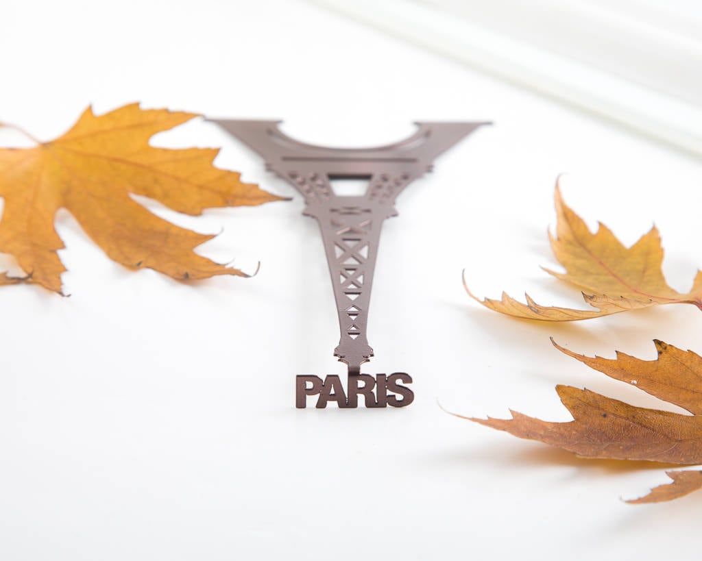 Paris Eiffel Tower metal bookmark shown flat on a white background