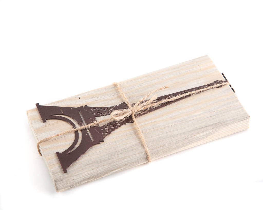 Paris Eiffel Tower metal bookmark with the engraved wooden gift block it ships with