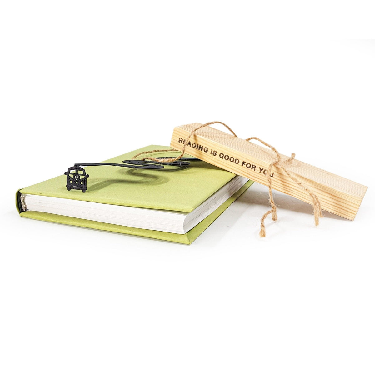Peace Trip metal bookmark with the engraved wooden gift block it ships with