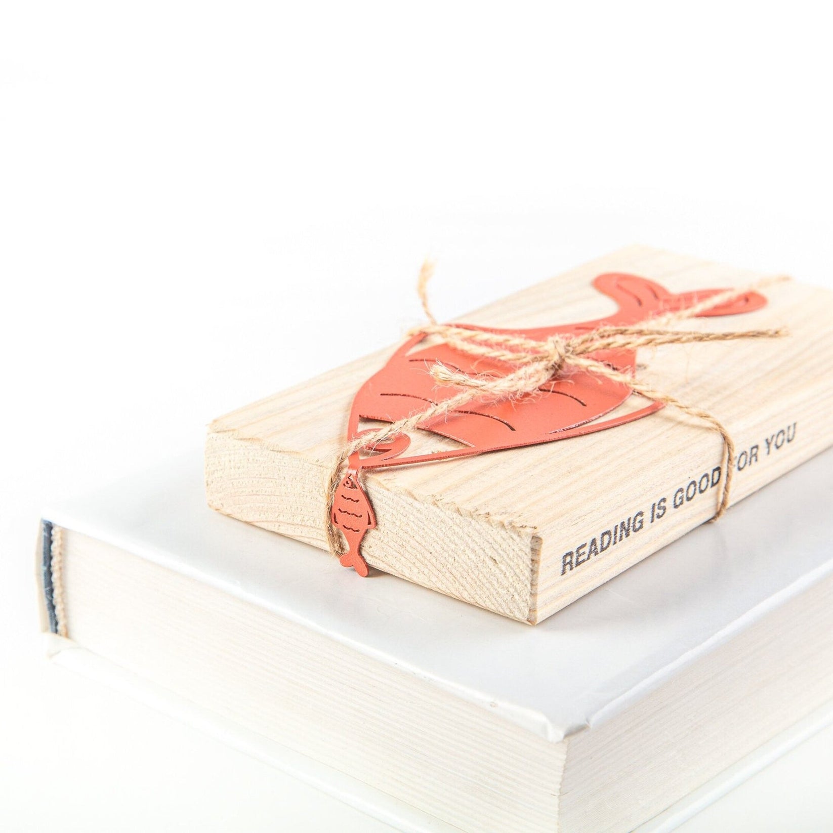 Perch metal bookmark in red with the engraved wooden gift block it ships with