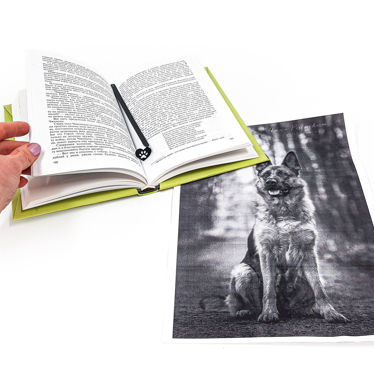 Pet Love metal bookmark placed on a colour illustration